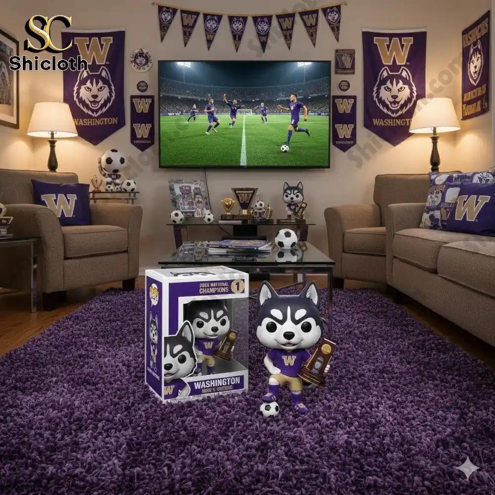 Washington soccer themed living room with champion figure and memorabilia!