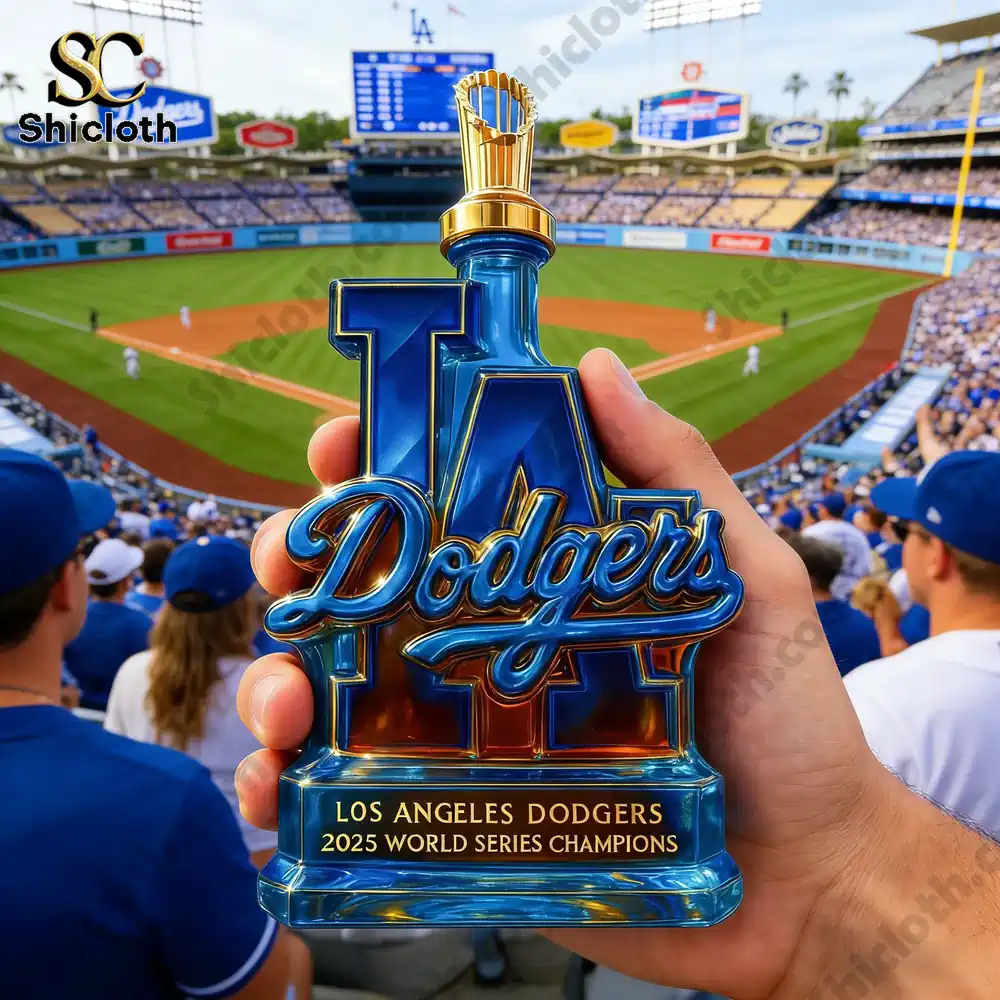 A hand holds a Los Angeles Dodgers championship styled display at a baseball stadium crowd scene!