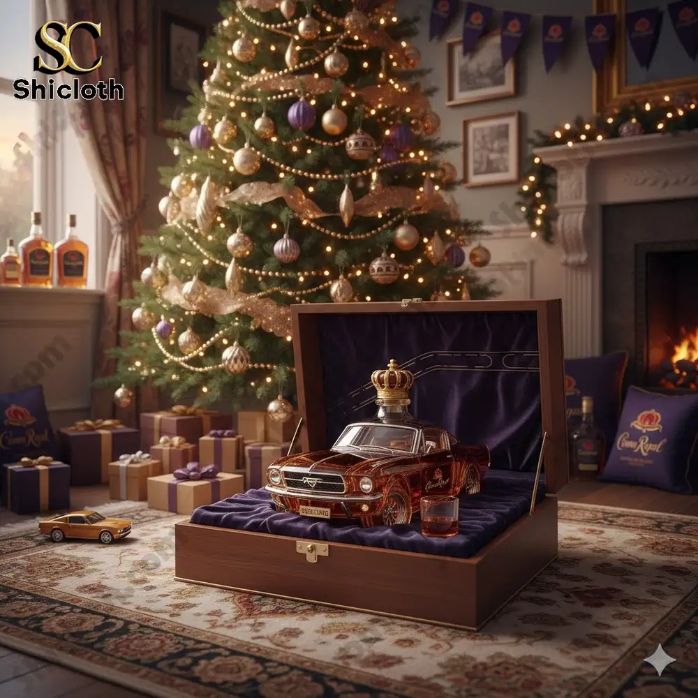 Luxury vintage car bottle gift set displayed in wooden box by Christmas tree!
