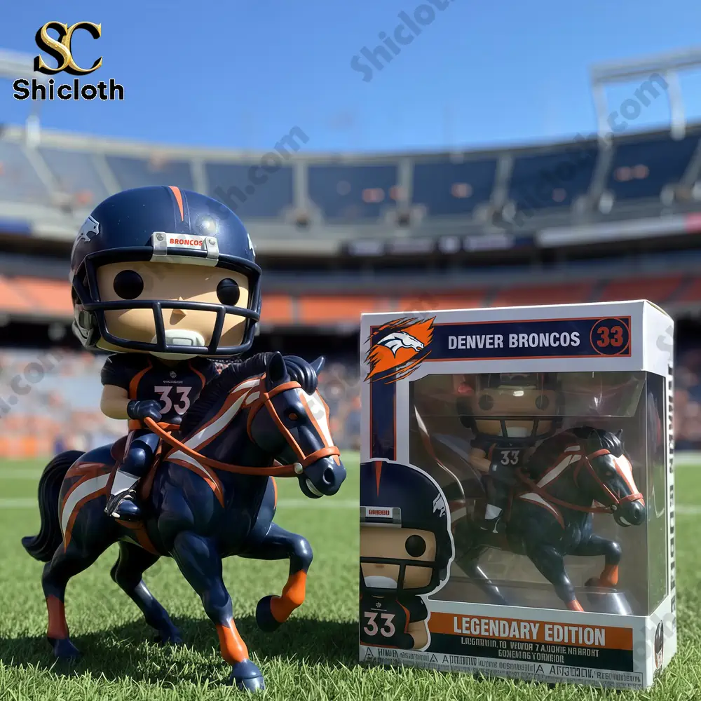 A Denver Broncos Legendary Edition Pop figure of player #33 riding a horse, displayed on the football field with the stadium in the background.