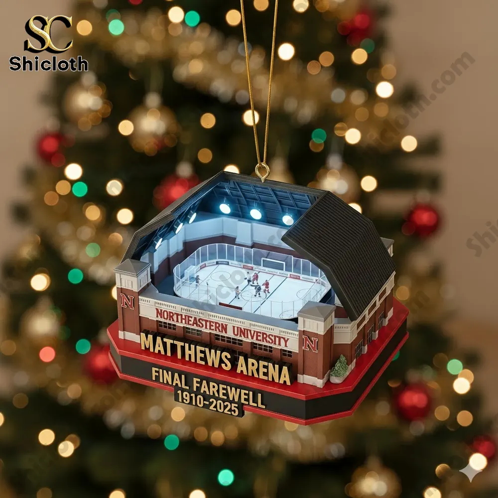 A Matthews Arena Final Farewell Christmas ornament with arena lights and a game in the background, marking the arena's closure.