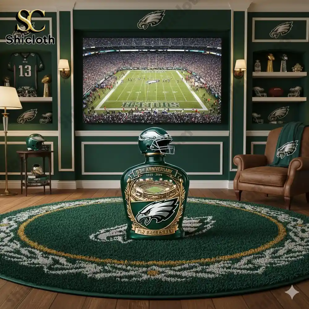 Eagles anniversary collector bottle displayed in a themed fan living room!