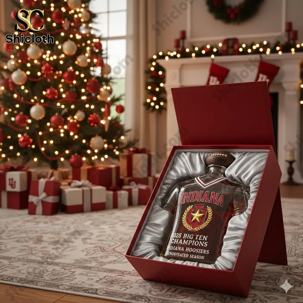 Indiana Hoosiers jersey shaped bottle displayed in a gift box by a Christmas tree!