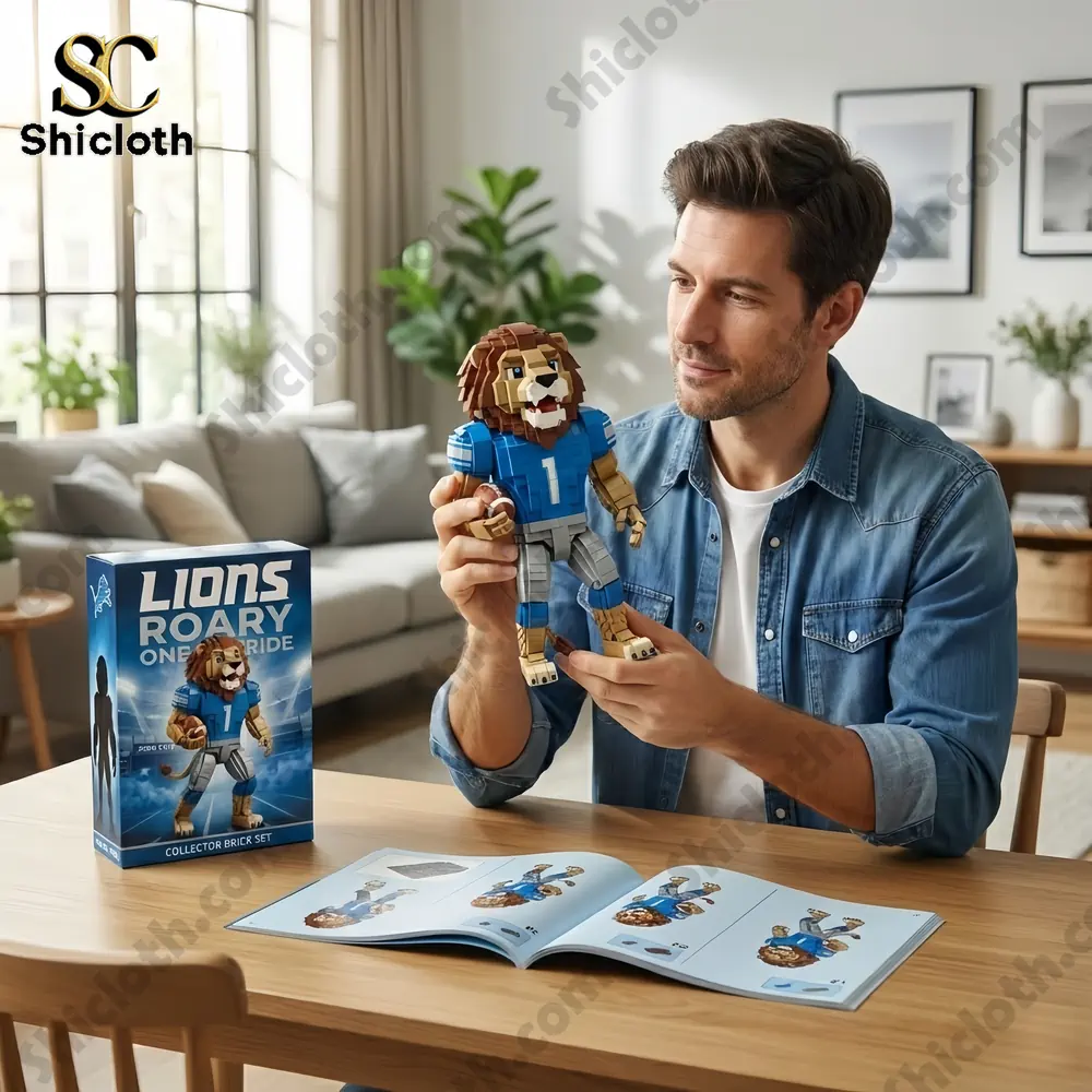 Adult building and holding brick lion football figure at table!