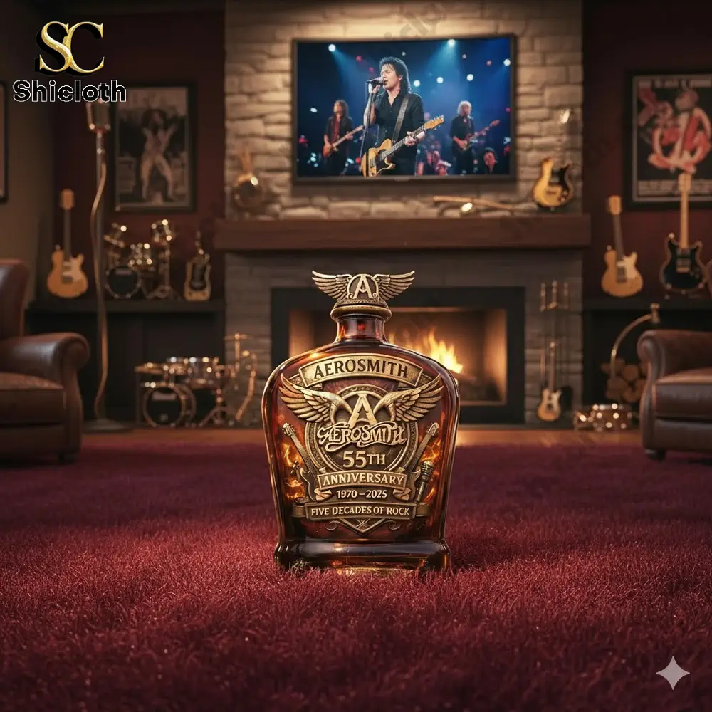 Close-up of Aerosmith 55th Anniversary whiskey bottle near a fireplace.