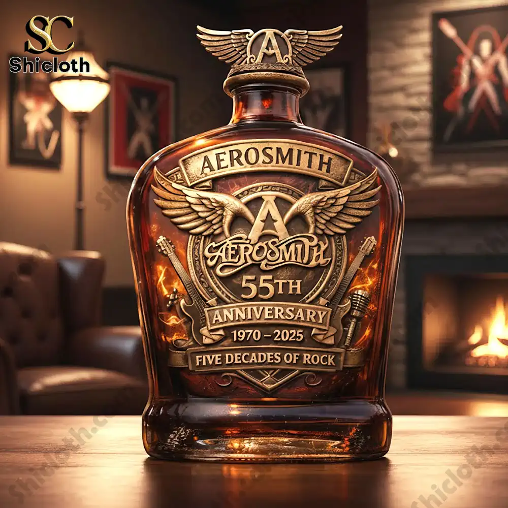 Demogorgon Sculpted Whiskey Glass 116 Aerosmith 55th Anniversary whiskey bottle in a cozy living room with guitars and a concert on TV.