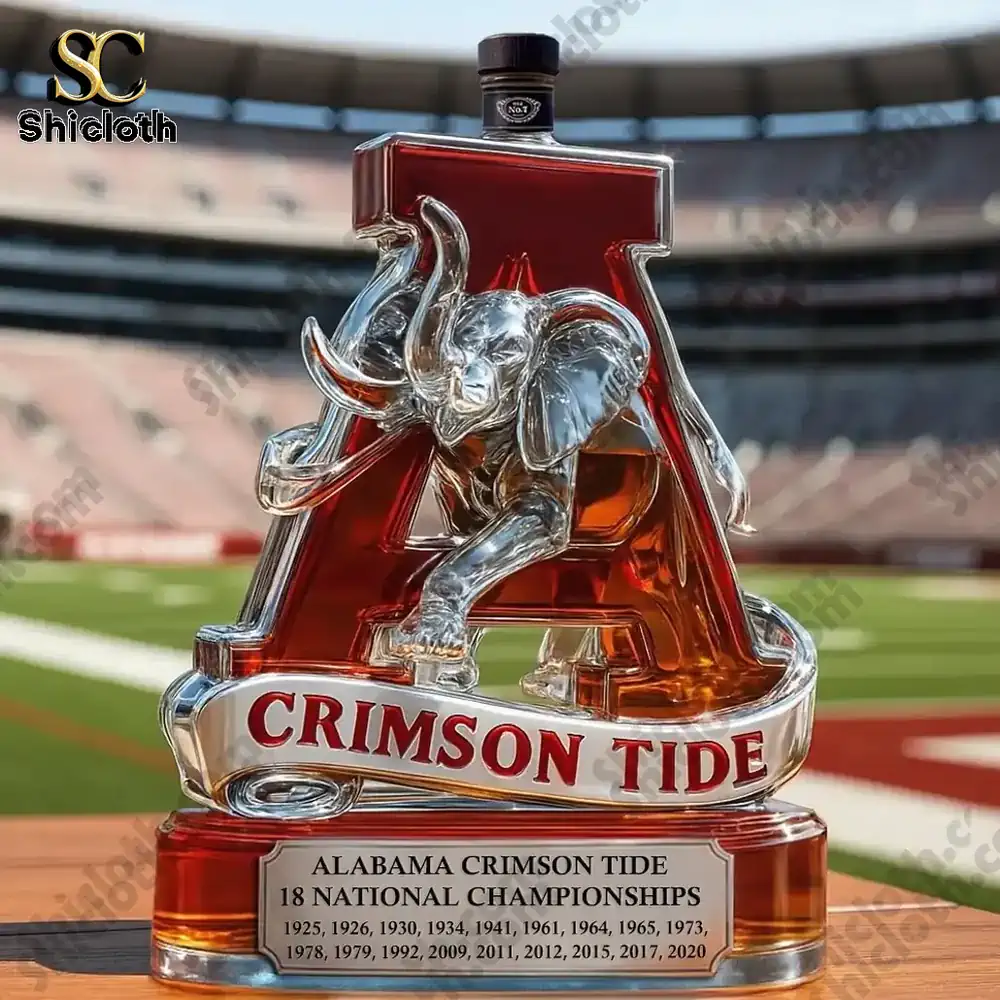 Alabama Crimson Tide 18x National Champs Christmas Gift Whiskey Bottle 3 Crimson Tide display bottle with black cap on a football field.