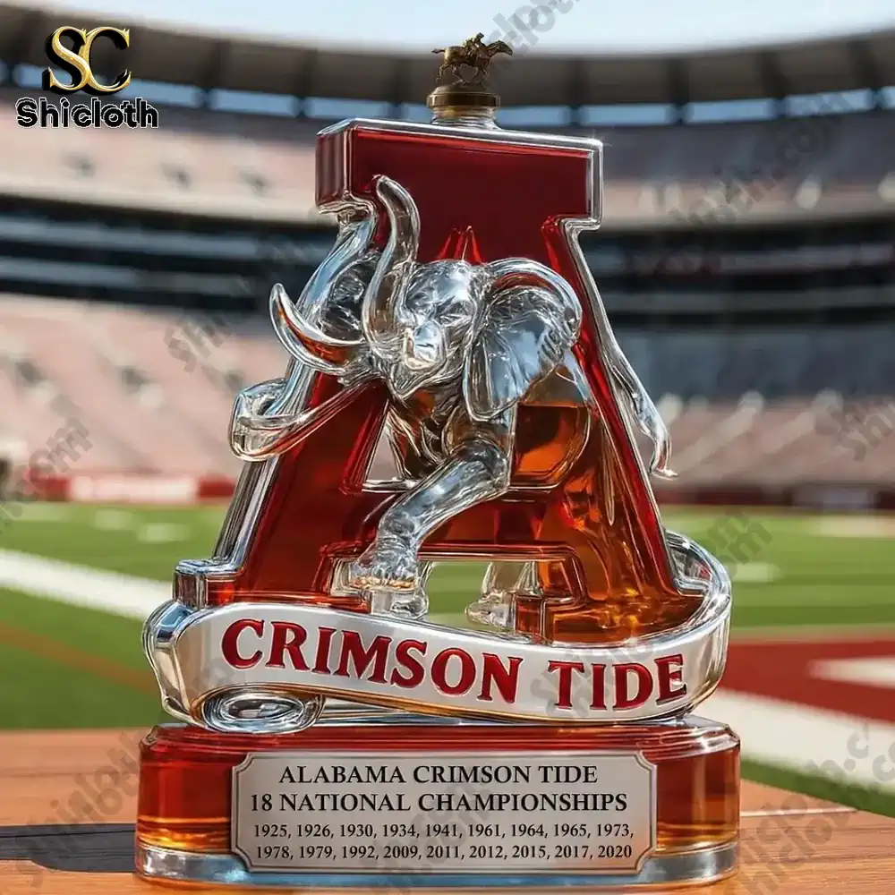 Alabama Crimson Tide 18x National Champs Christmas Gift Whiskey Bottle 4 Crimson Tide display bottle with gold cap on a football field.