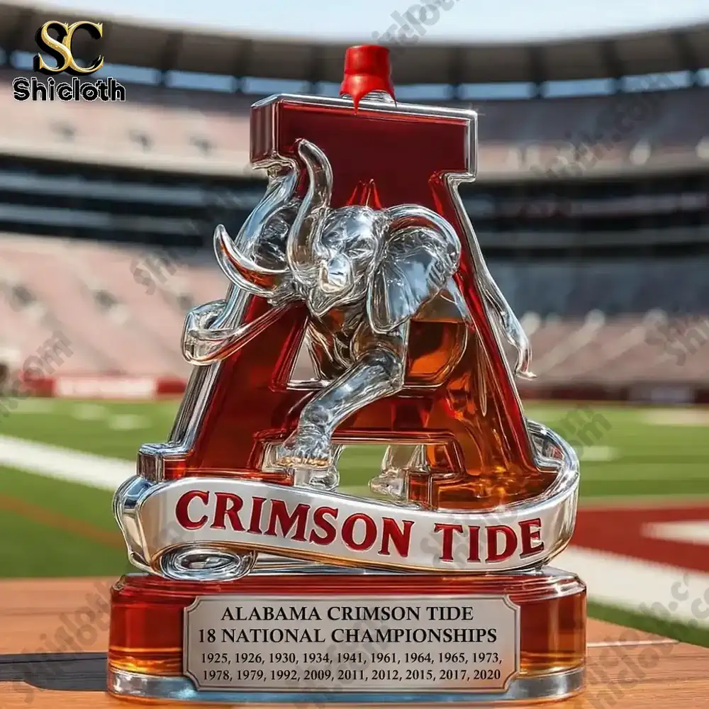 Alabama Crimson Tide 18x National Champs Christmas Gift Whiskey Bottle 5 Crimson Tide display bottle with red cap on a football field.