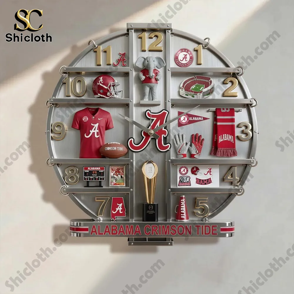 A round Alabama Crimson Tide themed wall clock with miniature team merchandise displayed around the numbers!