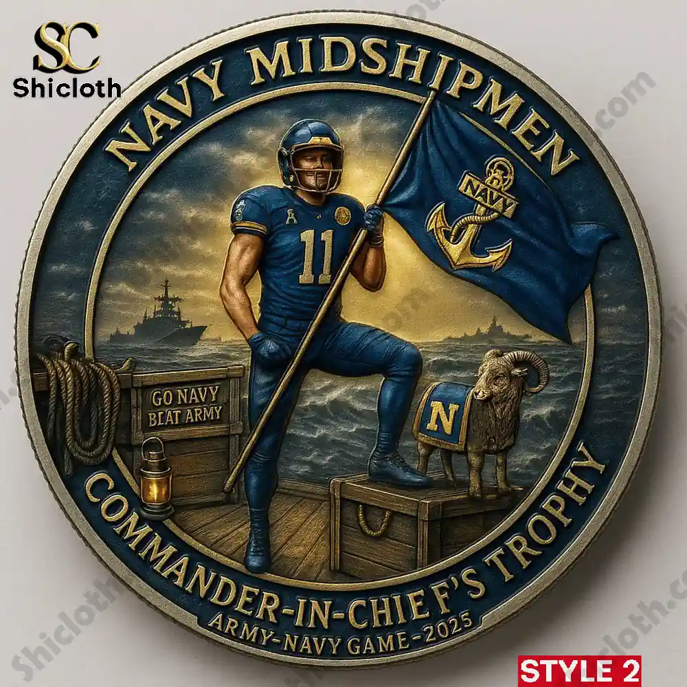 Navy Midshipmen Champions Commander-in-Chief's Trophy Coin 3 Navy Midshipmen themed commemorative medal with football player holding a flag at sea!