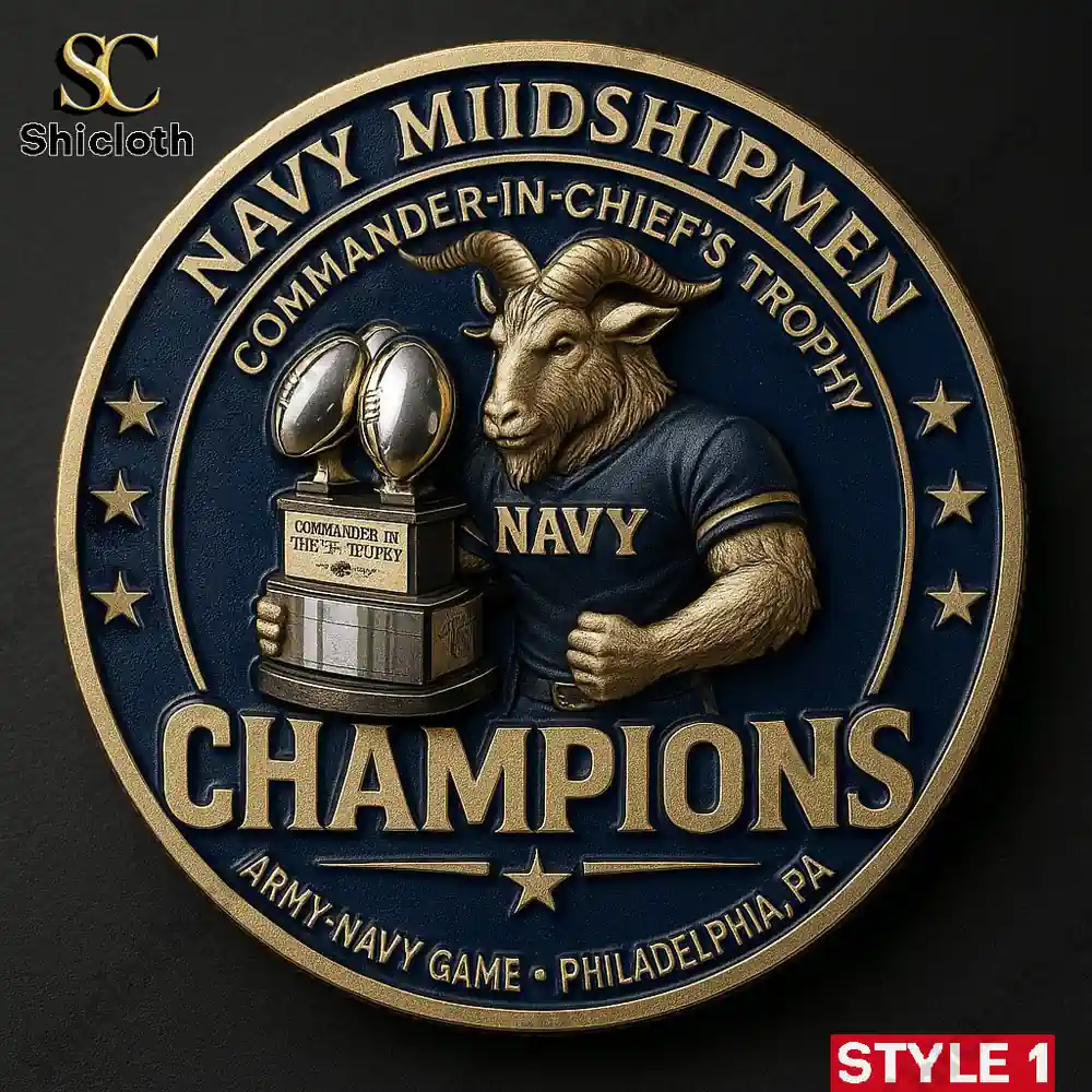 Navy Midshipmen champion medal with ram mascot holding a trophy!