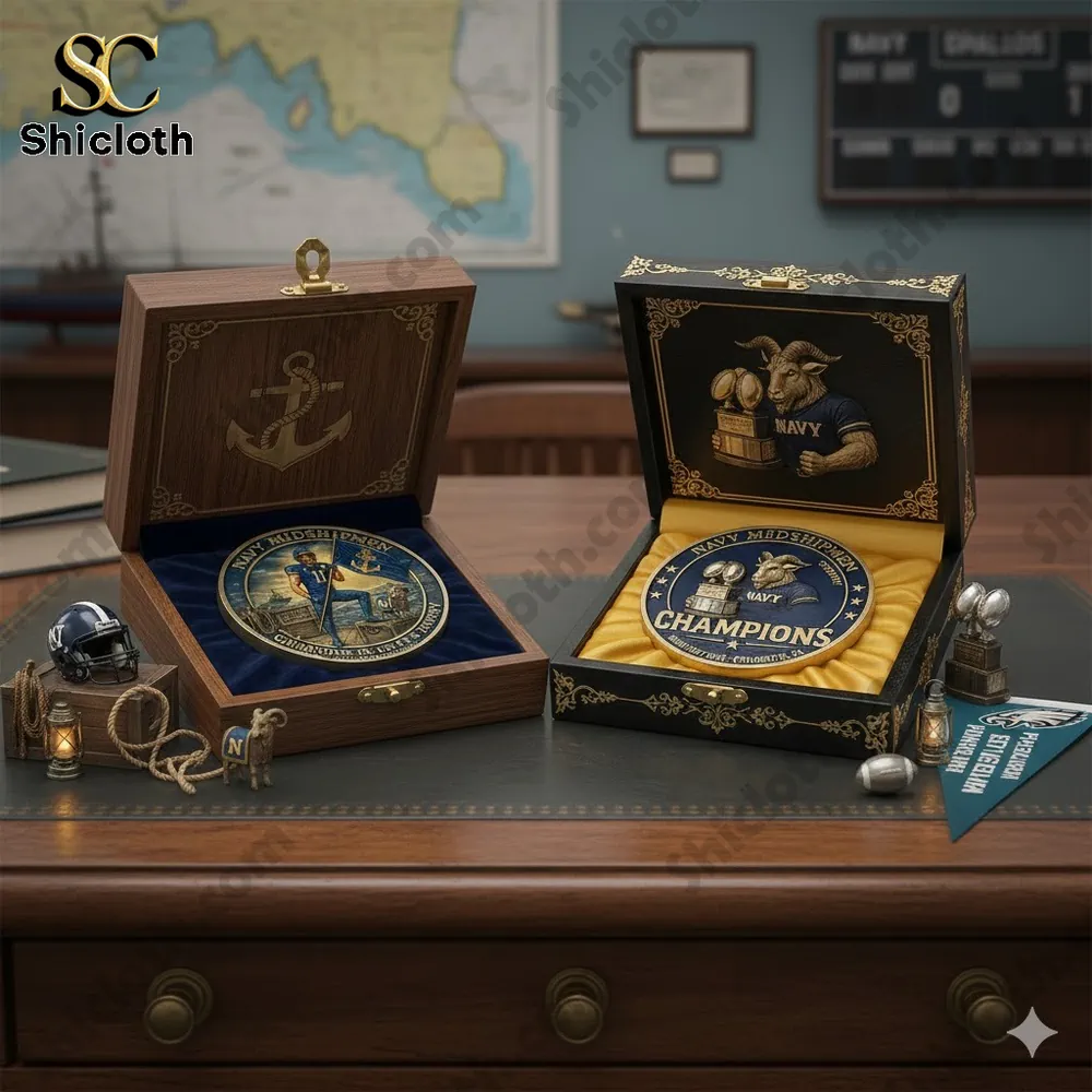 Navy Midshipmen commemorative medals displayed in elegant wooden gift boxes!