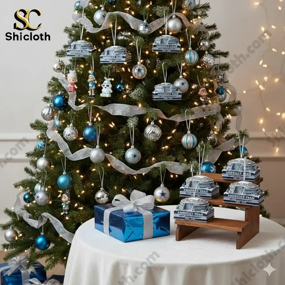 Christmas tree decorated with blue and silver ornaments and stadium themed ornaments displayed beside wrapped gifts