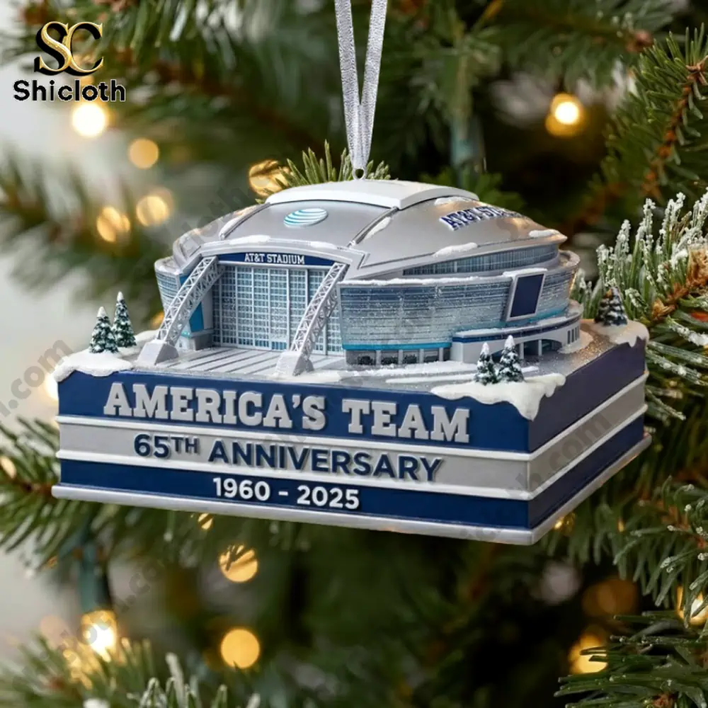 Close view of stadium ornament marked Americas Team sixty fifth anniversary hanging on a Christmas tree