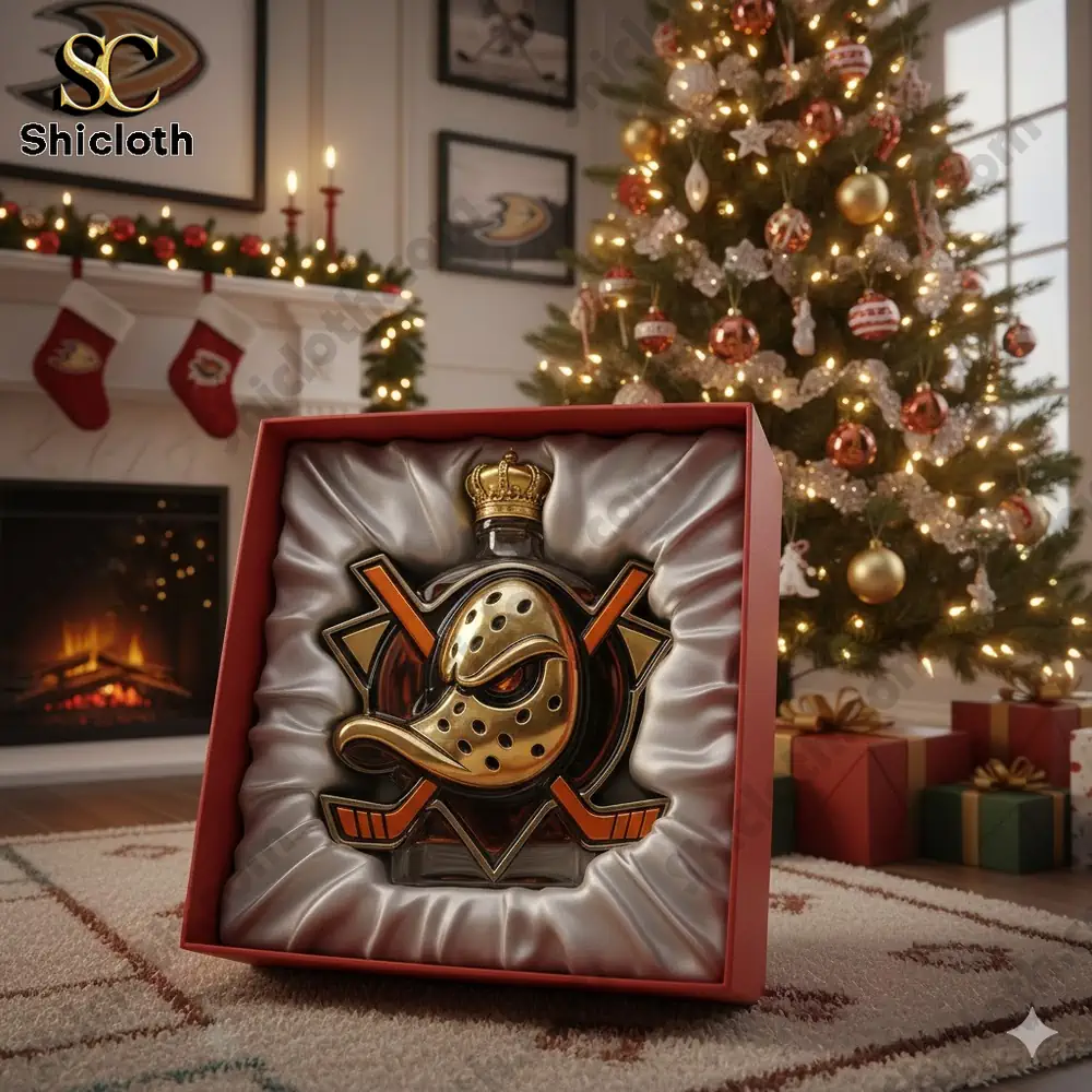 Christmas gift box displaying a duck mask shaped whiskey bottle with hockey elements.
