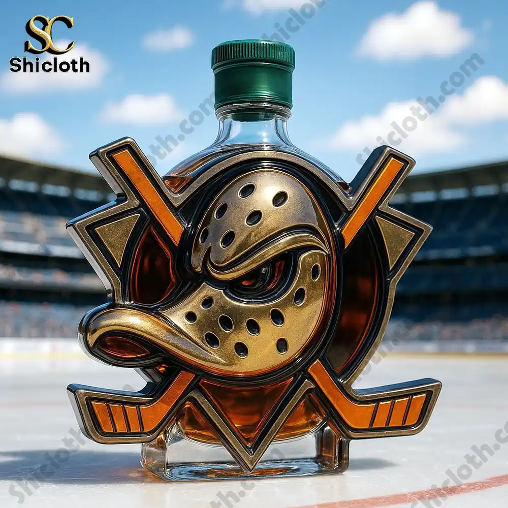 Duck mask shaped whiskey bottle displayed on an ice rink.