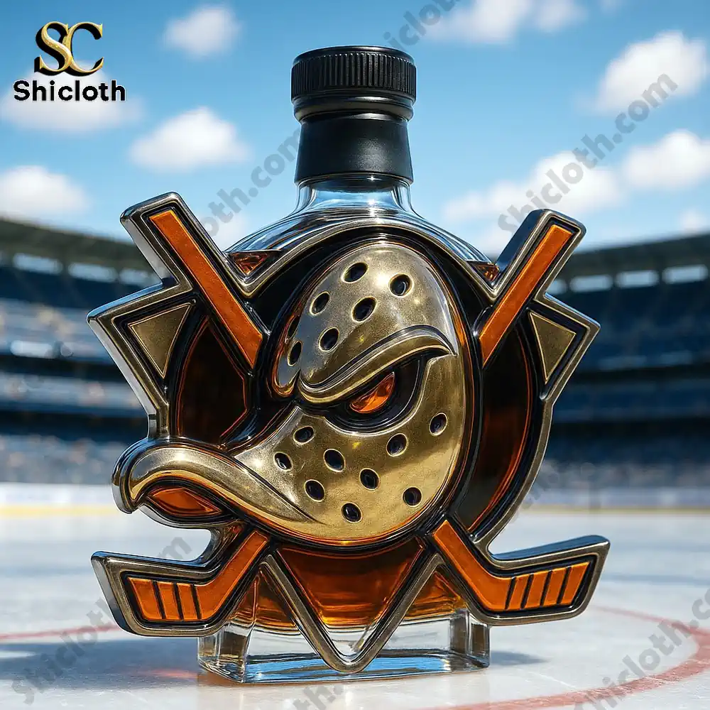 Anaheim Ducks Commemorative Christmas Gift Whiskey Bottle 4 Duck mask shaped whiskey bottle with black cap on an ice rink.