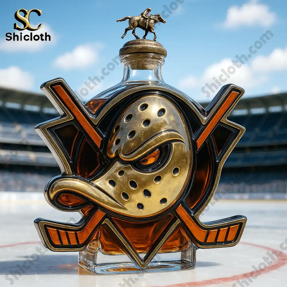 Anaheim Ducks Commemorative Christmas Gift Whiskey Bottle 5 Duck mask shaped whiskey bottle with horse figurine cap on an ice rink.