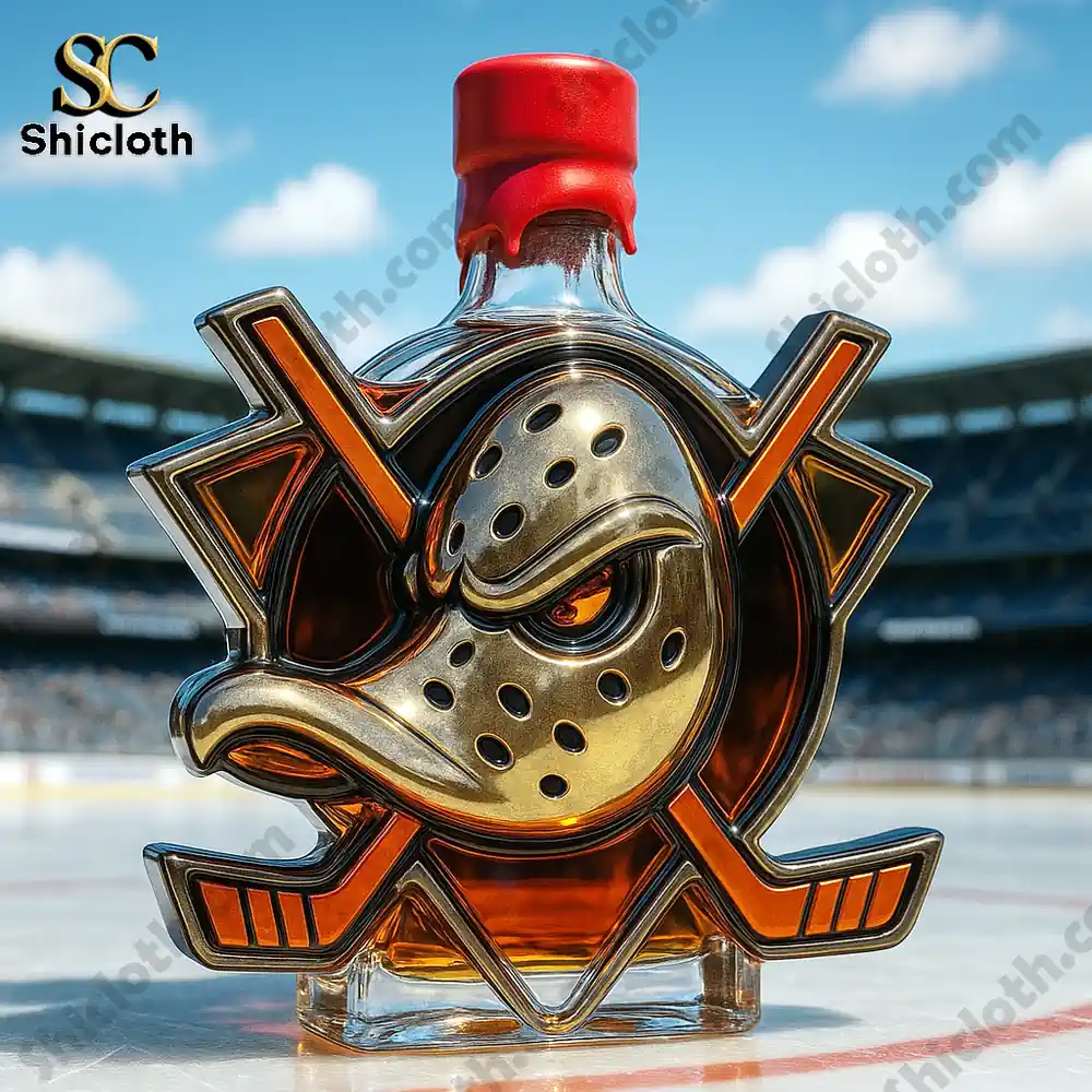 Anaheim Ducks Commemorative Christmas Gift Whiskey Bottle 6 Duck mask shaped whiskey bottle with red wax style cap on an ice rink.