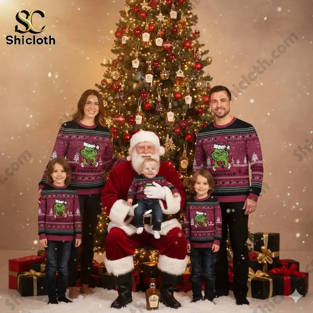 Arizona Cardinals The Grinch wearing a Santa Claus hat Ugly Christmas Sweaters