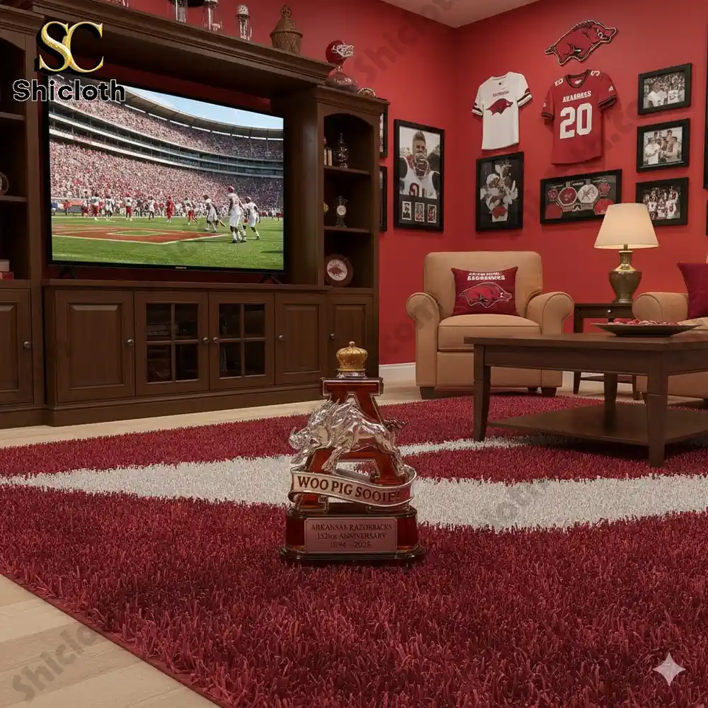 Arkansas Razorbacks 132nd Anniversary Woo Pig Sooie whiskey bottle displayed in a fan's living room.