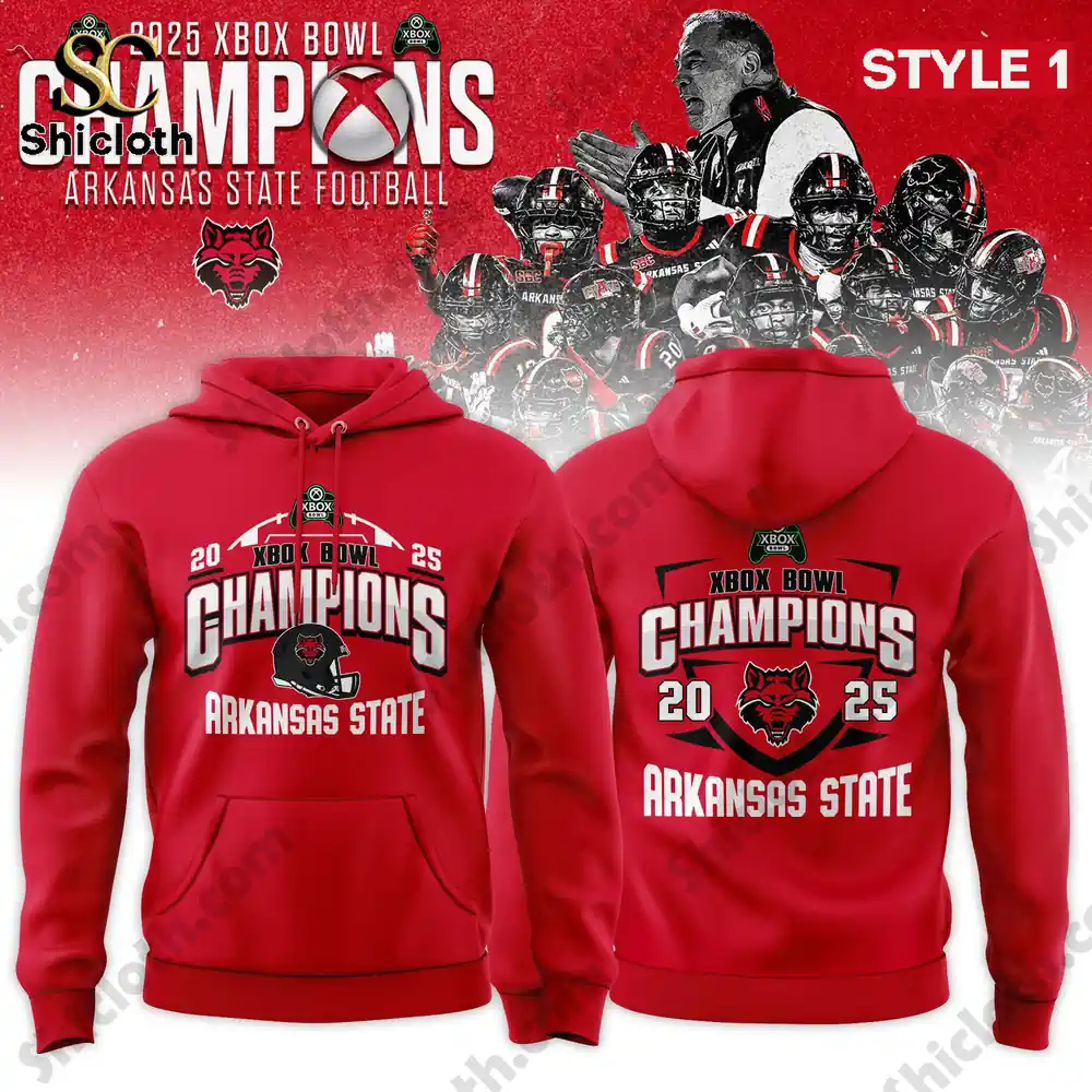 A red hoodie features Arkansas State Champions Xbox Bowl twenty twenty five graphics on the front and back!