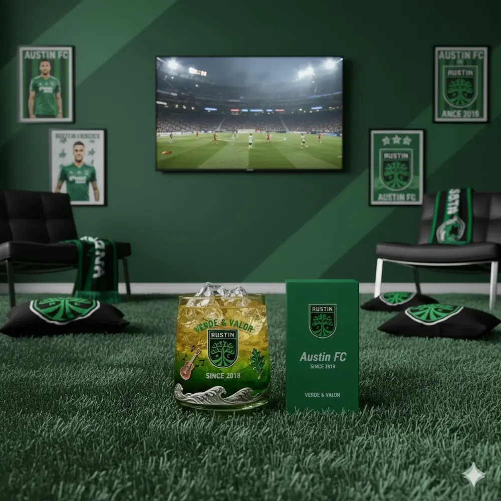 A green themed room displaying an Austin FC glass with ice in the foreground and a soccer match on a television in the background.