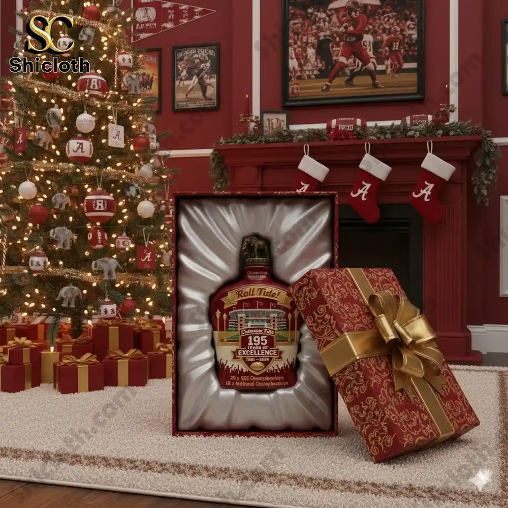 A Christmas scene with a tree, stockings, and a special Alabama Crimson Tide whiskey bottle in a box with a gold bow.