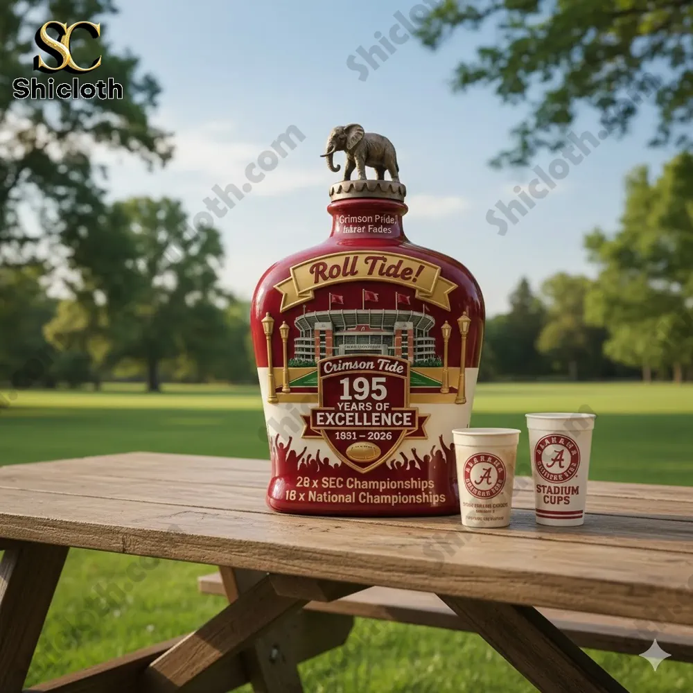Alabama Crimson Tide 195th Anniversary whiskey bottle with stadium cups and an elephant statue on top outdoors.