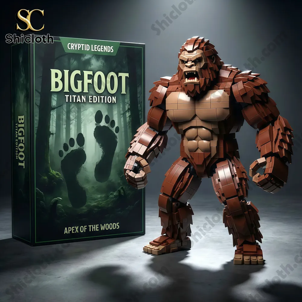 A block figure of a muscular Bigfoot stands beside a product box in a dark forest themed setting.