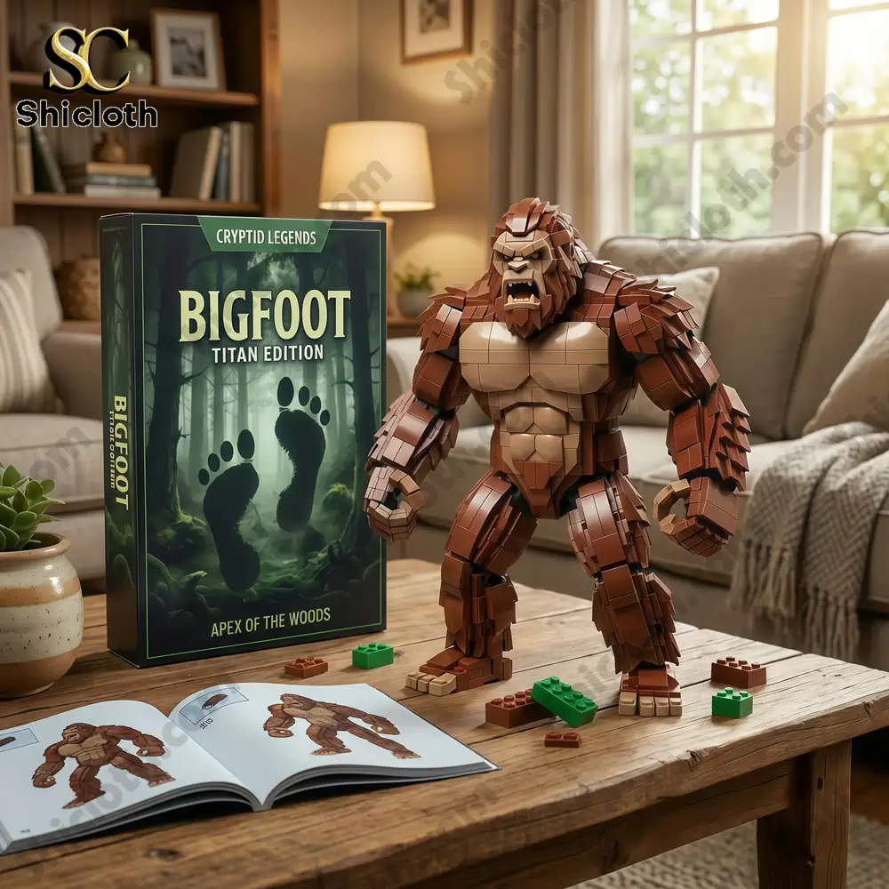 A Bigfoot block model stands on a living room table near a product box and an open instruction booklet.