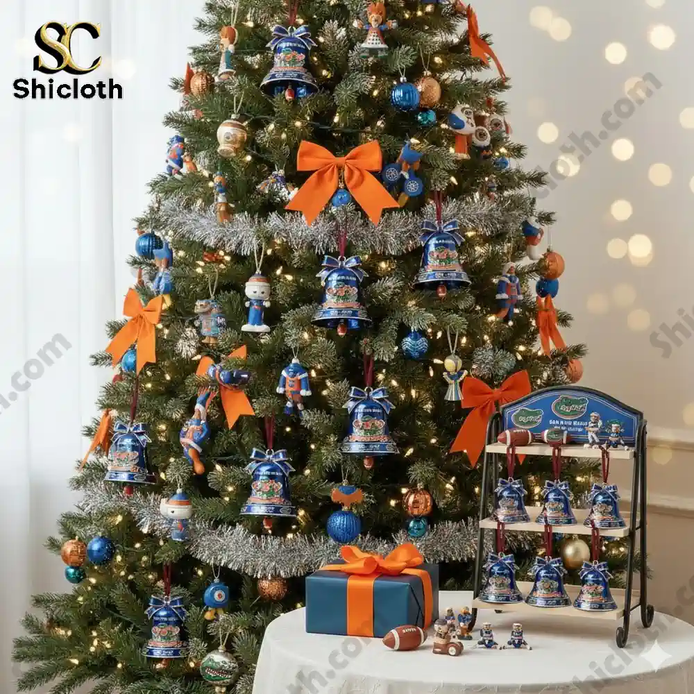 Christmas tree decorated with blue and orange anniversary bell ornaments and a small display stand nearby!