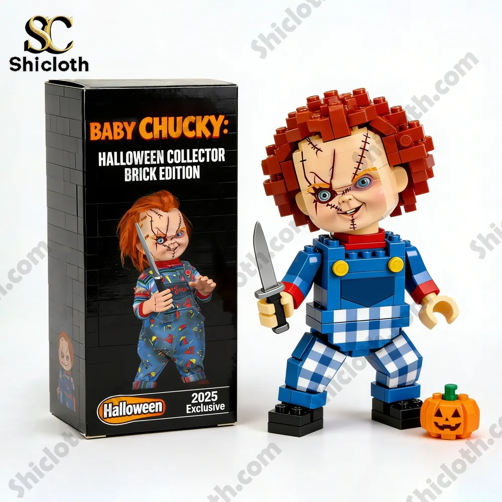 Baby Chucky brick figure with knife and display box!