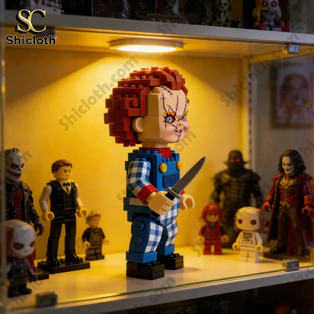Baby Chucky brick figure displayed in collection cabinet!