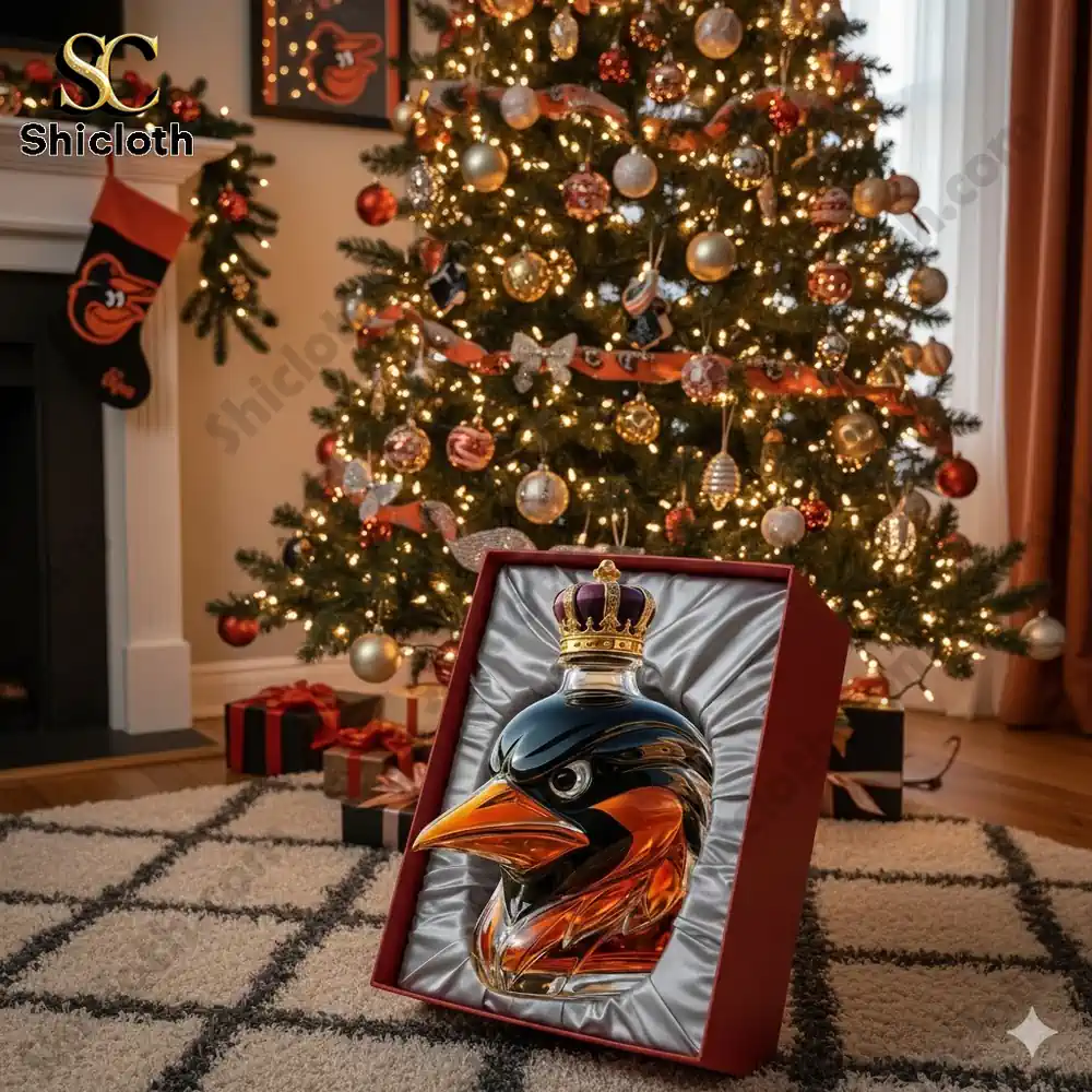 A bird shaped whiskey bottle in a gift box placed before a decorated Christmas tree.