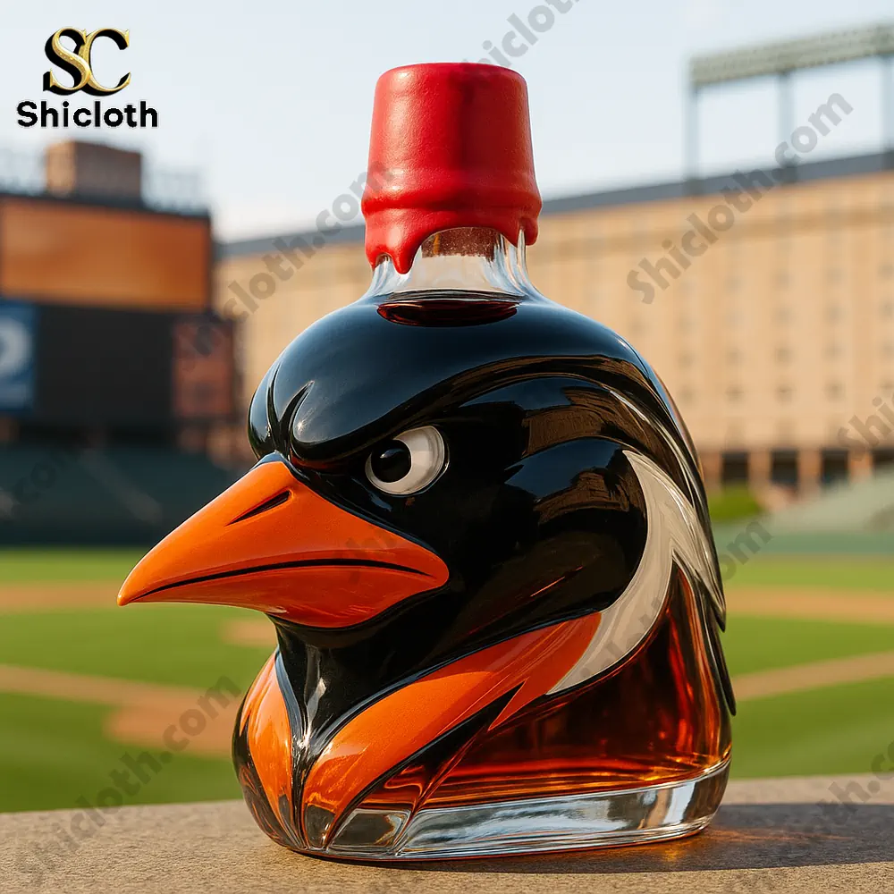 A bird shaped whiskey bottle with a red cap displayed at a baseball field.