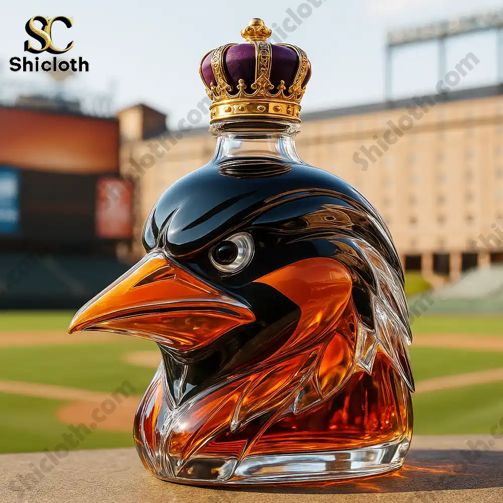 Baltimore Orioles Limited Edition Christmas Gift Whiskey Bottle 3 A bird shaped whiskey bottle topped with a crown at a baseball field.