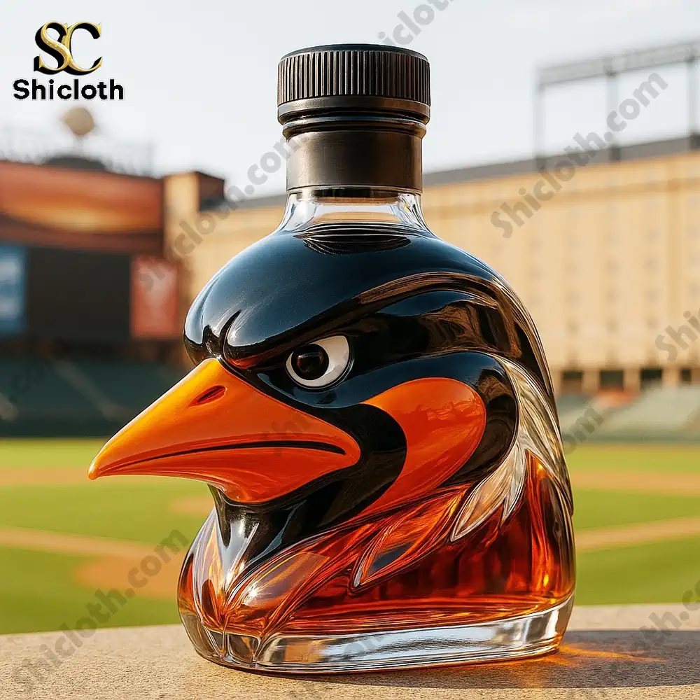 Baltimore Orioles Limited Edition Christmas Gift Whiskey Bottle 4 A bird shaped whiskey bottle with a black cap at a baseball field.