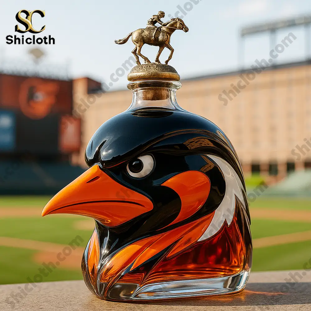 Baltimore Orioles Limited Edition Christmas Gift Whiskey Bottle 5 A bird shaped whiskey bottle with a horse figure cap at a baseball field.