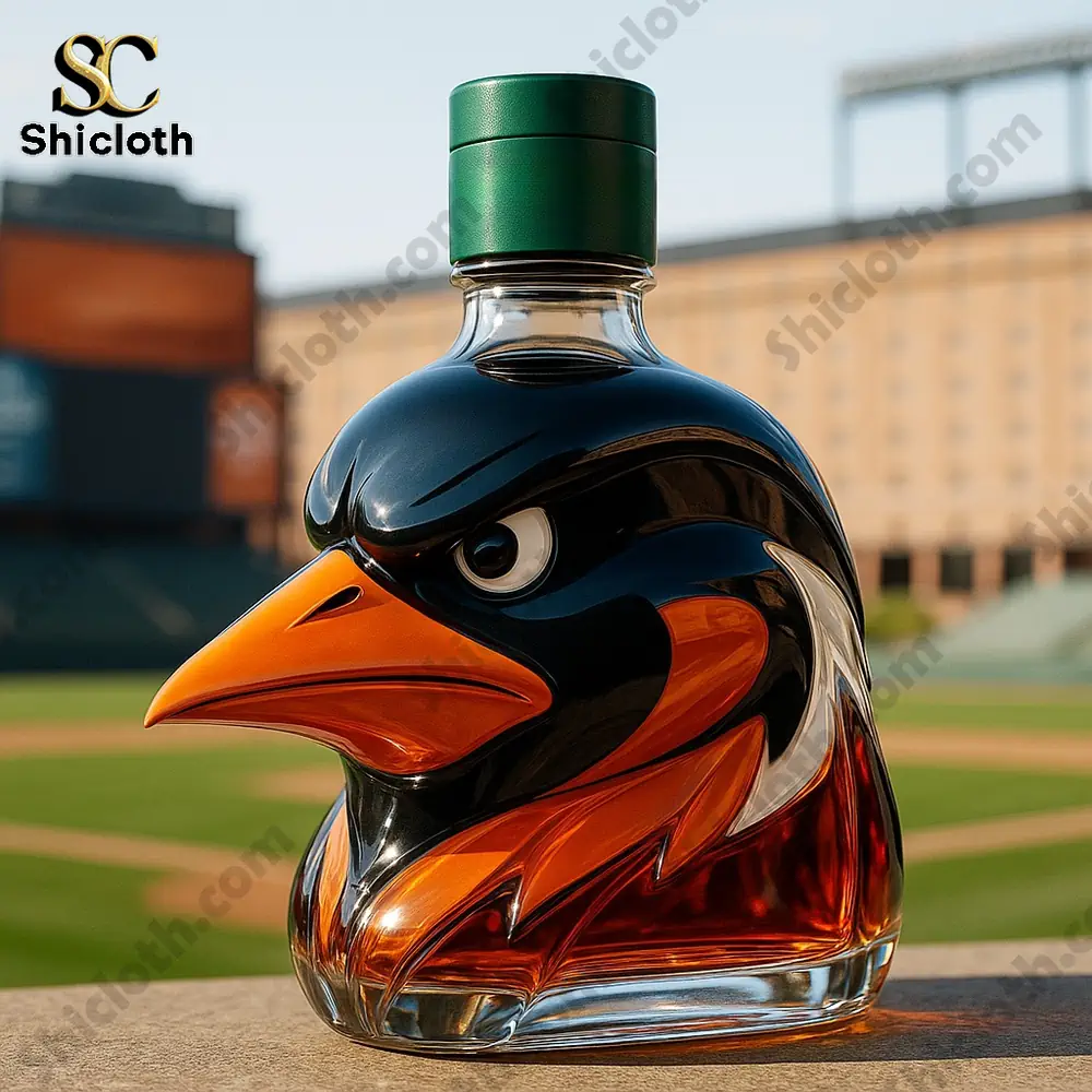 Baltimore Orioles Limited Edition Christmas Gift Whiskey Bottle 6 A bird shaped whiskey bottle with a green cap at a baseball field.