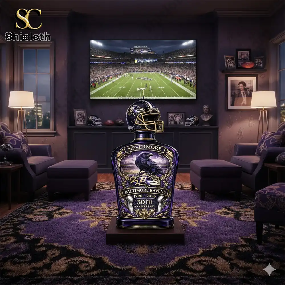 Demogorgon Sculpted Whiskey Glass 114 Baltimore Ravens anniversary whiskey decanter in luxury living room display!