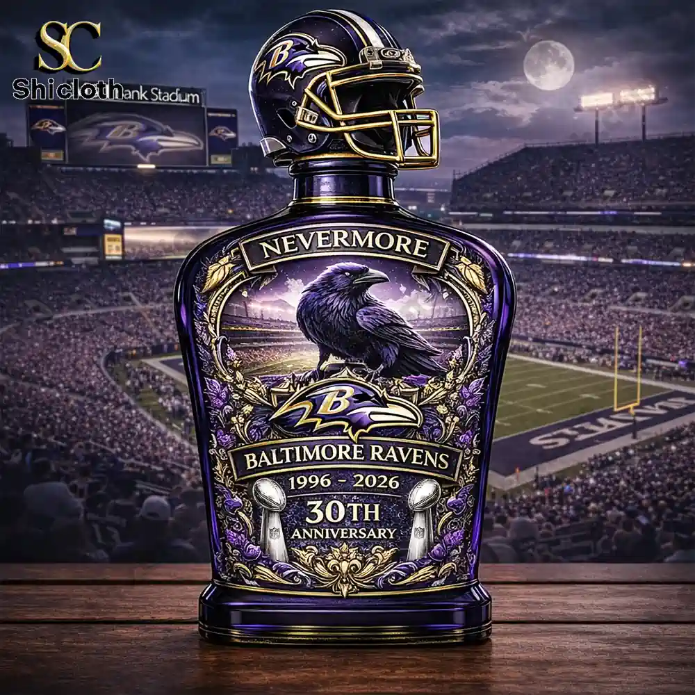 Baltimore Ravens anniversary whiskey decanter in stadium night scene!