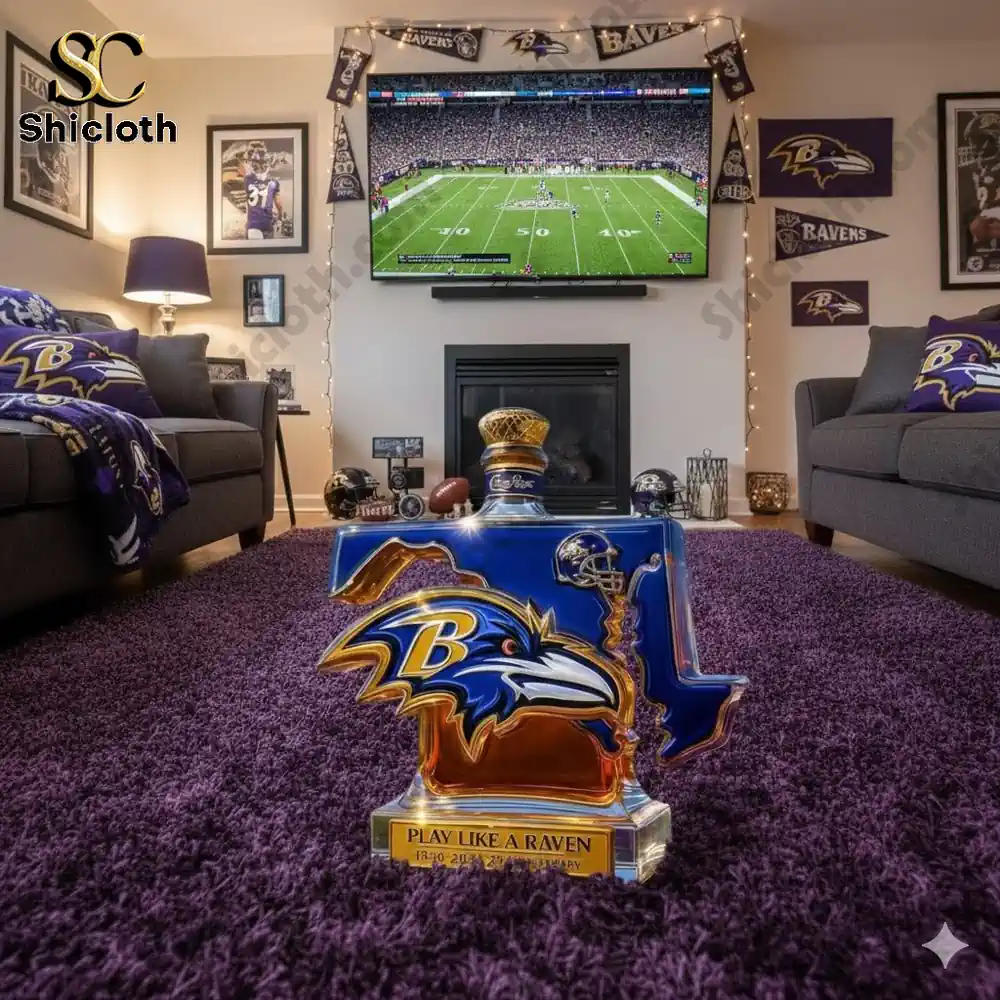 Ravens logo bottle displayed in fan living room!