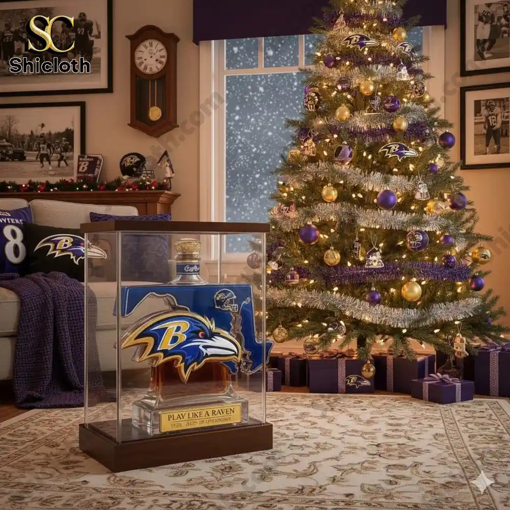 Ravens logo bottle in holiday fan room!
