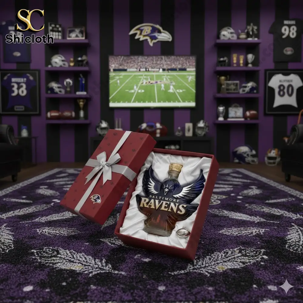 A gift box with a Baltimore Ravens themed bottle displayed in a purple fan room!