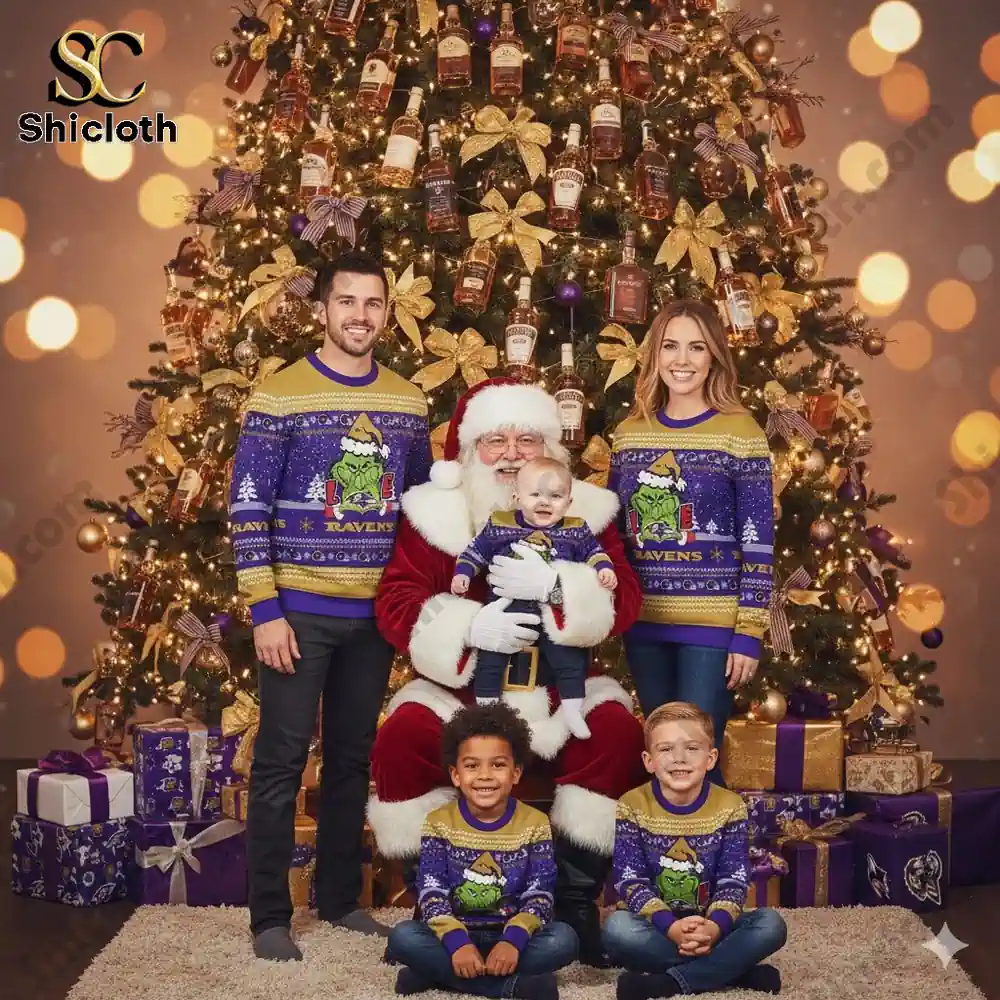 Baltimore Ravens The Grinch wearing a Santa Claus hat Ugly Christmas Sweaters