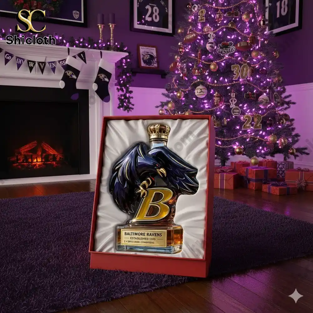 A decorative bottle shaped like a raven with a large letter B displayed in a holiday themed living room.