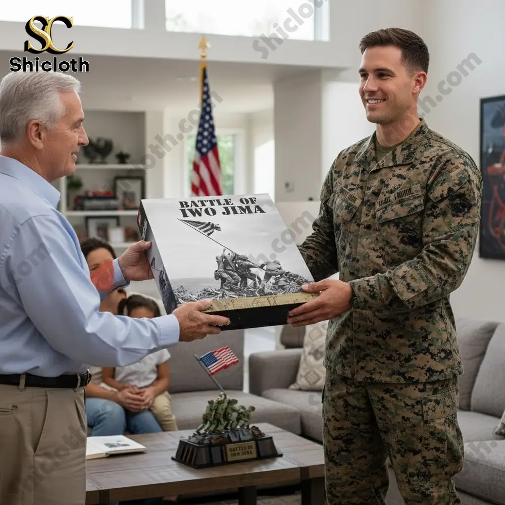 A young soldier presents a Battle of Iwo Jima brick set box to an older man in a living room!