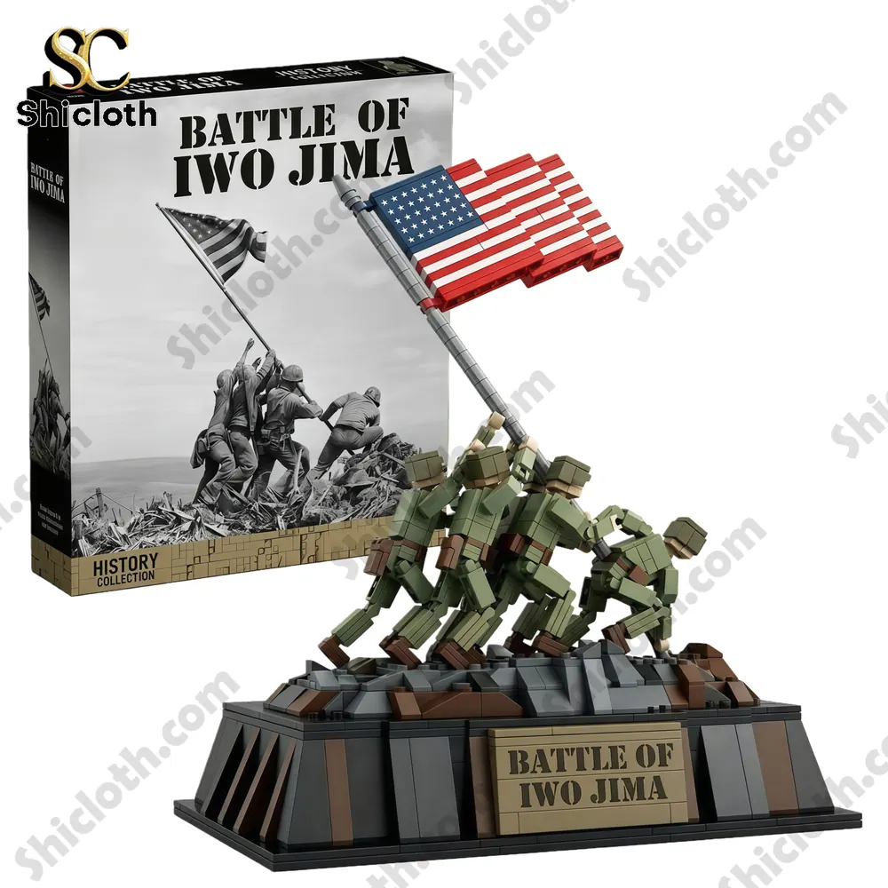 A close view of a Battle of Iwo Jima brick set with soldiers raising a flag beside the product box!